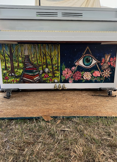 Painted piano with Eye of Providence and Book Path of Enlightenment